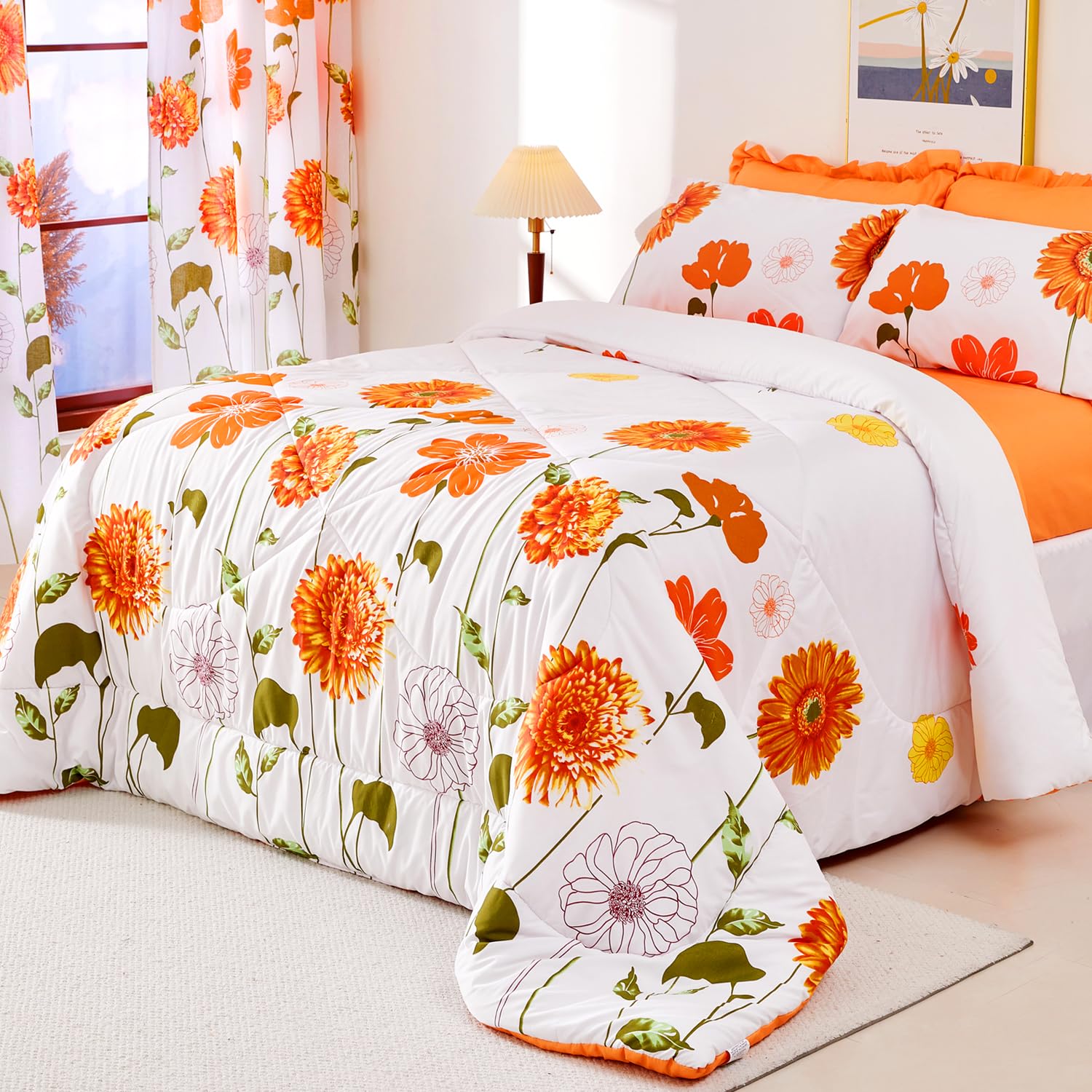 Evenhug Twin Comforter Set 5 Pieces Reversible Twin Size Comforters For All Season Orange Sunflower Floral Bedding Sets Bed In A
